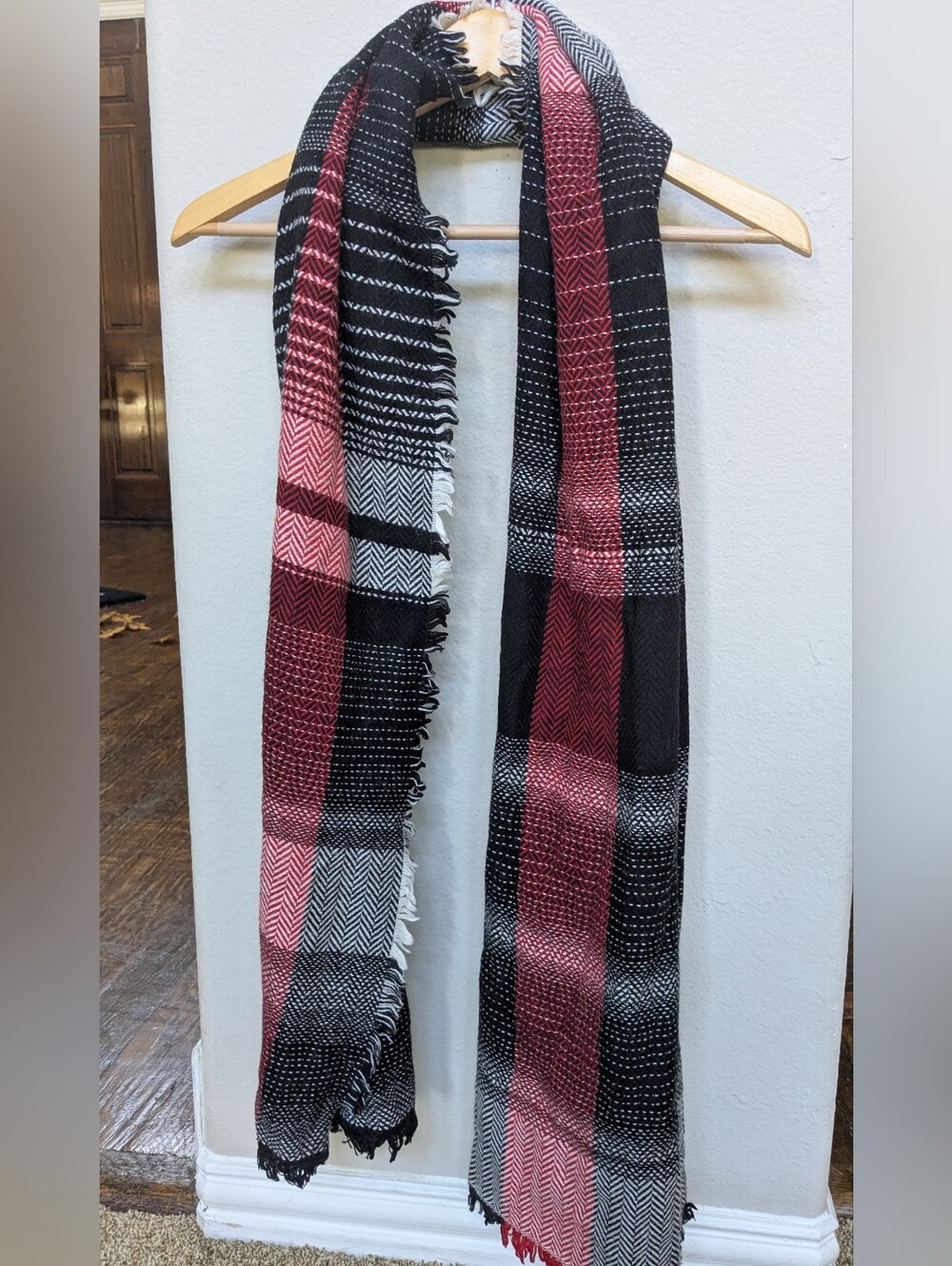 Merona Black and Maroon Plaid Long Wrap Scarf